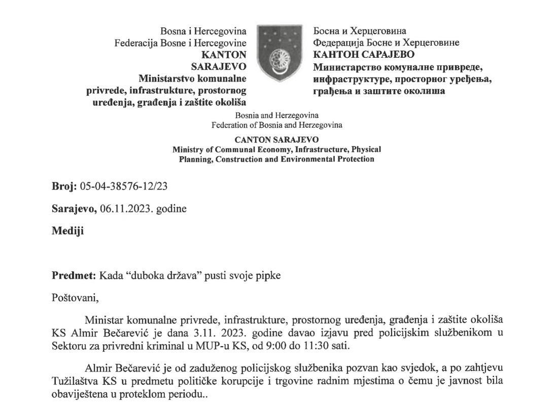 Ministar Bečarević odgovorio na podizanje krivične prijave