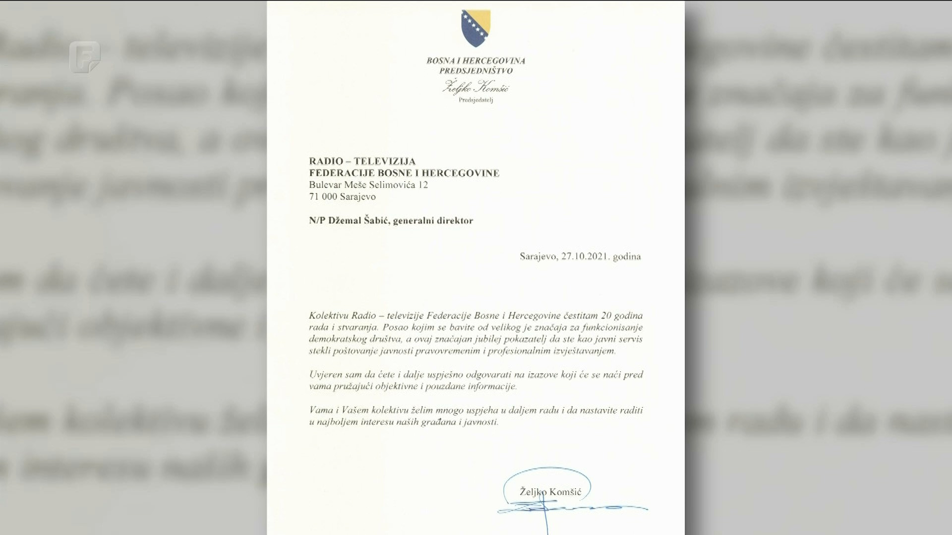 Čestitka za 20 godina RTVFBiH stigla od predsjedavajućeg Predsjedništva BiH Željka Komšića