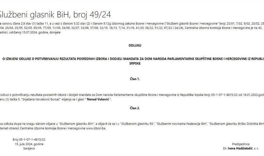 SNSD od danas bez kontrole u Domu naroda PS BiH, objavljena odluka CIK-a