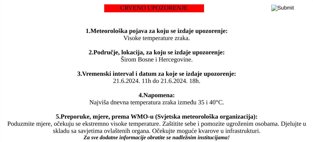FHMZ izdao crveno upozorenje zbog sutrašnjih visokih temperatura