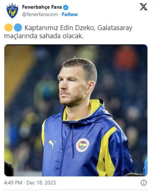 Džeko propušta sutrašnju utakmicu, zaigraće u derbiju protiv Galatasaraya