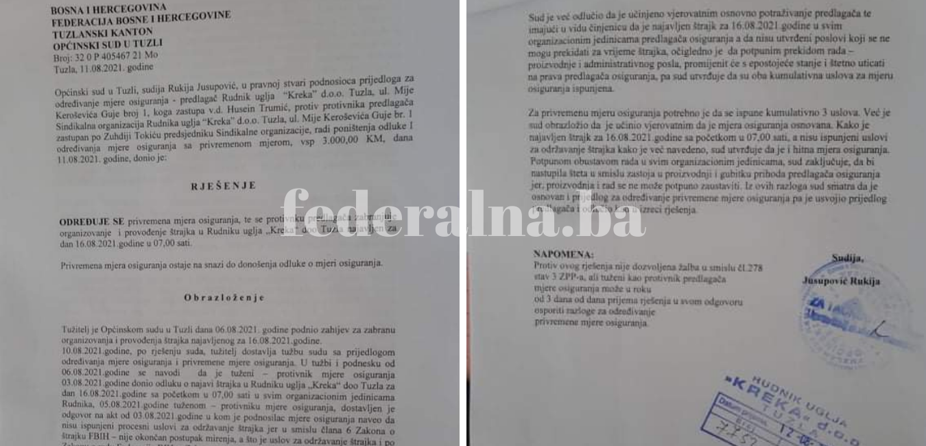 Općinski sud Tuzla rudarima Kreke zabranio štrajk