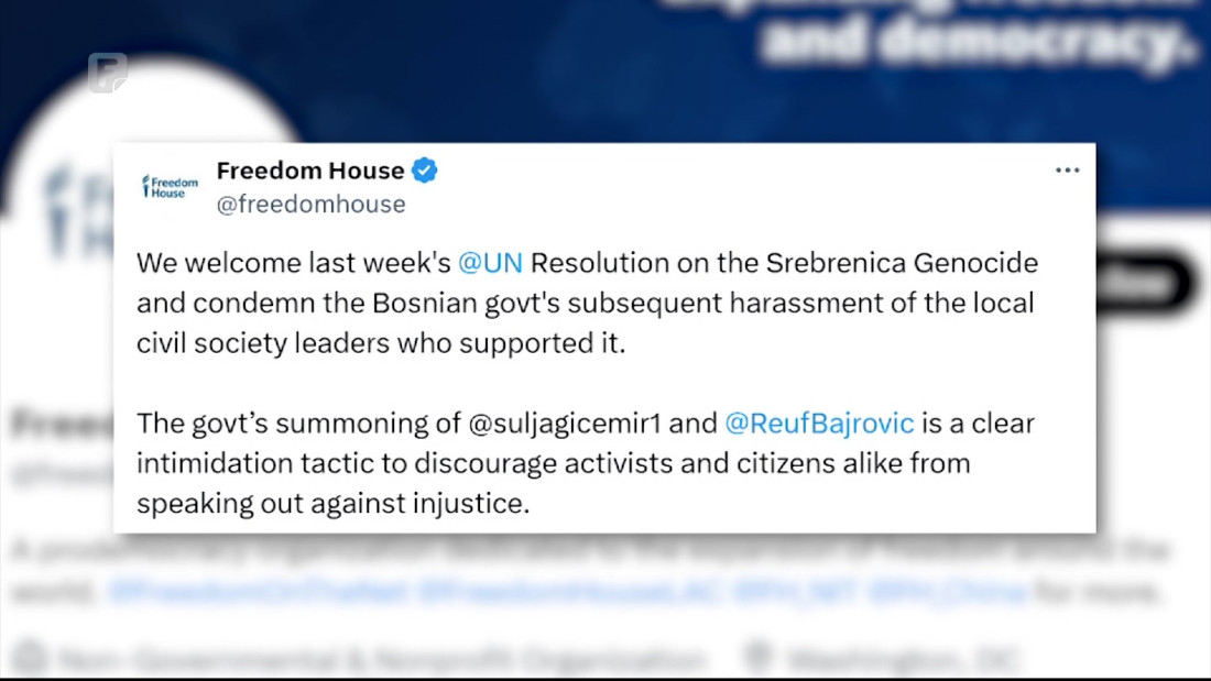 Freedom House pozdravlja Rezoluciju o genocidu u Srebrenici, upozorava zbog saslušanja Suljagića i Bajrovića
