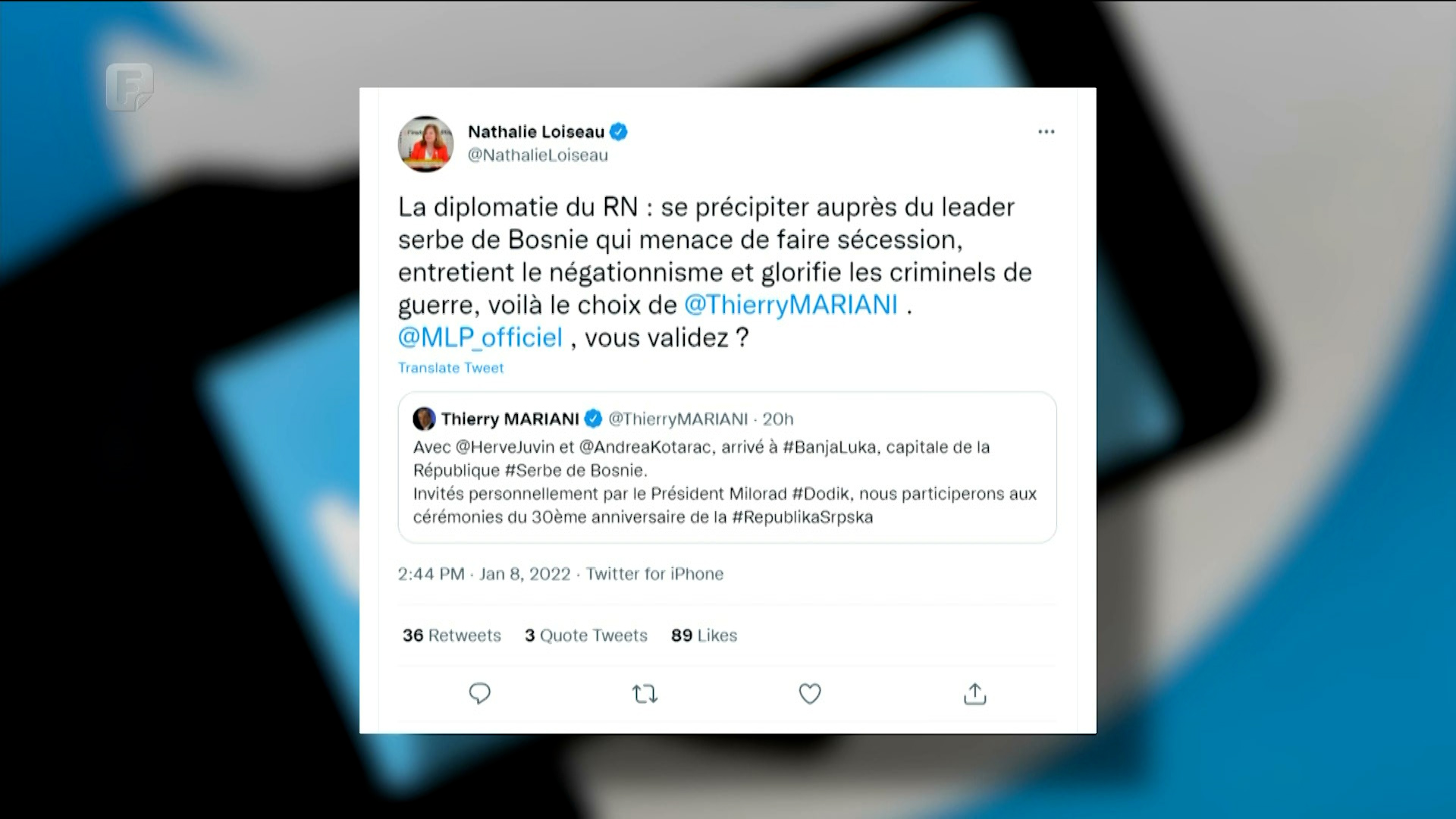 Loiseau kritikovala francuske desničare koji prisustvuju obilježavanju neustavnog dana RS-a