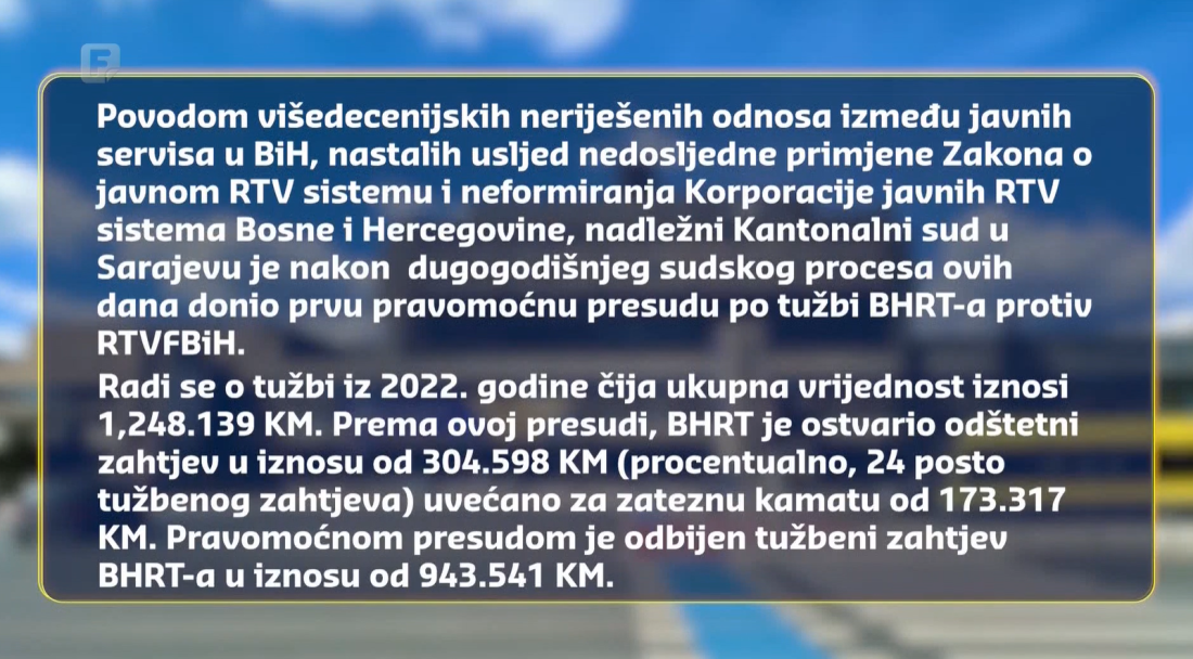 Prva pravomoćna presuda: RTVFBiH će poštovati pravne propise i izvršiti uplatu BHRT-u