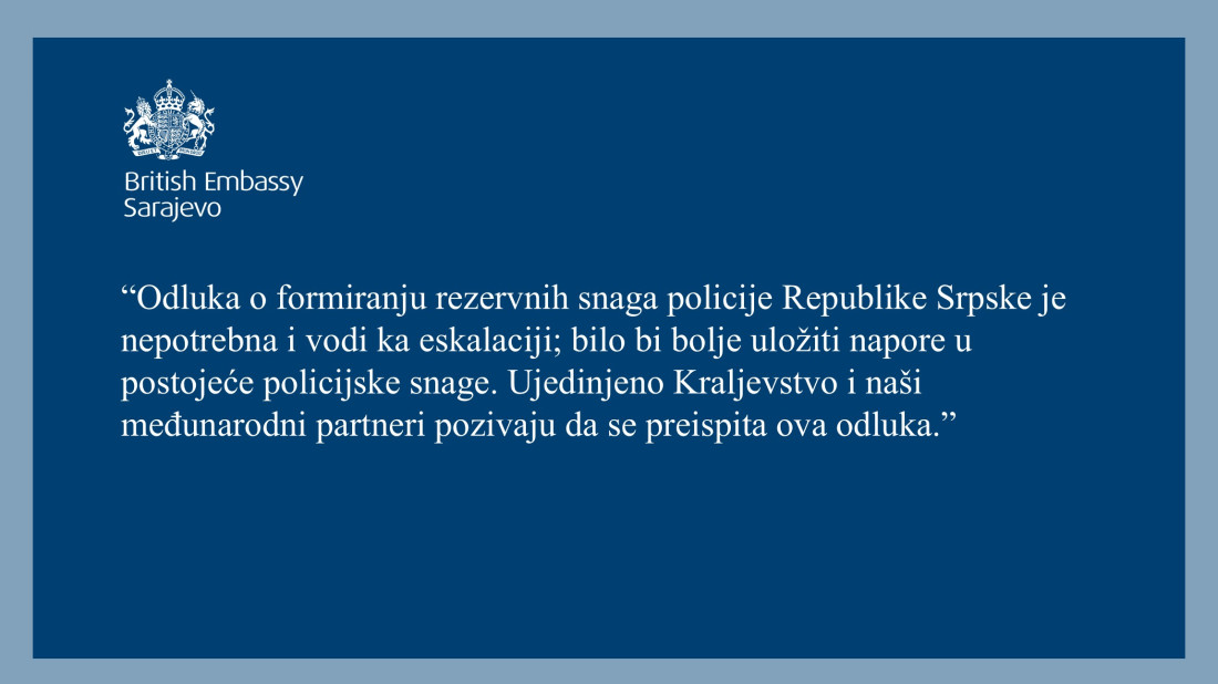 Reilly: Odluka o formiranju rezervnog sastava policije RS-a je nepotrebna i vodi ka eskalaciji