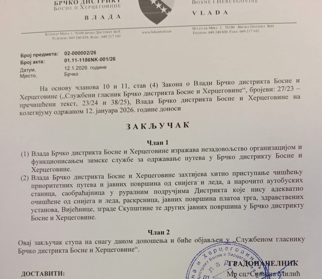 Vlada Brčko distrikta nezadovoljna radom zimske službe, traži hitno čišćenje puteva i javnih površina