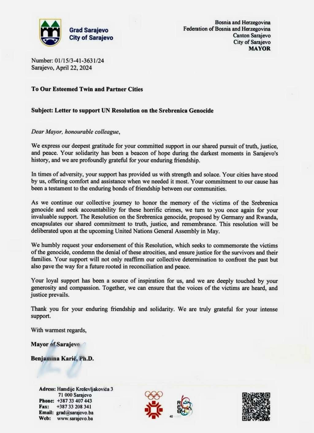 Karić pozvala prijateljske i pobratimske gradove da podrže Rezoluciju o genocidu u Srebrenici