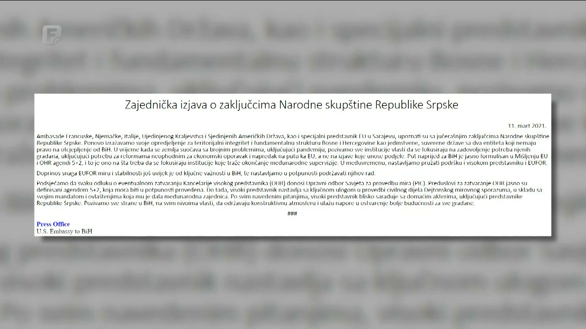 Stav zemalja Kvinte je jasan: RS nema pravo na otcjepljenje