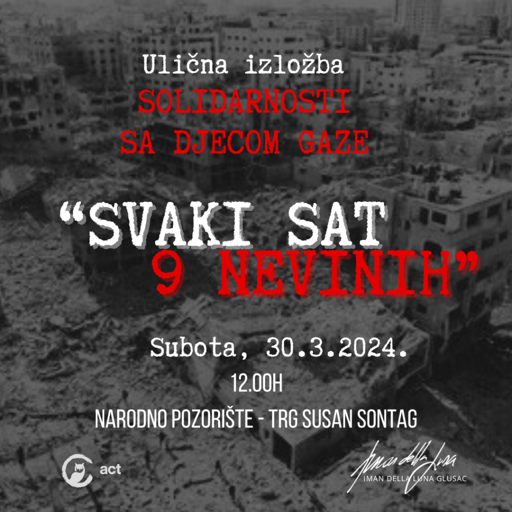 Umjetnički performans i instalacija 'Svaki Sat 9 Nevinih' poziv za prestanak ubijanja naroda Gaze