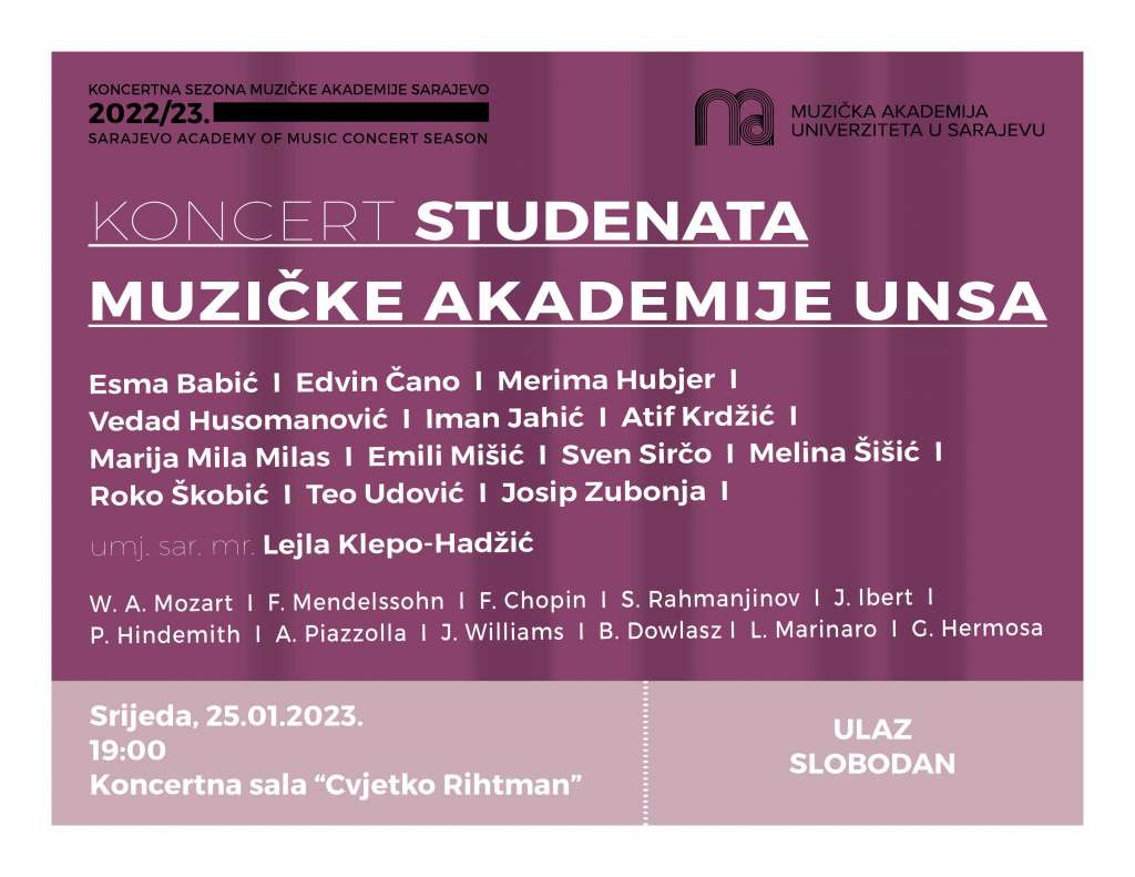 U srijedu koncert studenata Muzičke akademije UNSA