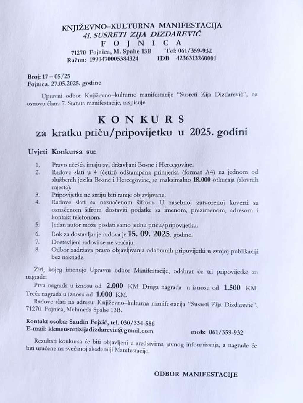 Raspisan konkurs za nagradu 'Zija Dizdarević'