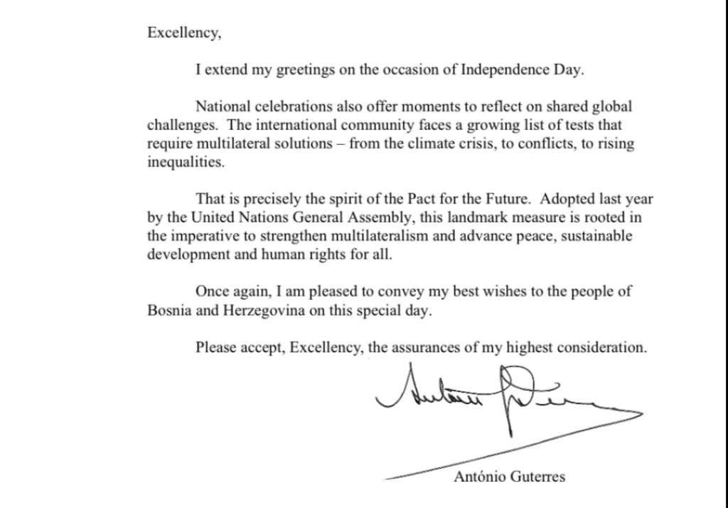Glavni tajnik UN-a čestitao Dan neovisnosti predsjedateljici Predsjedništva BiH