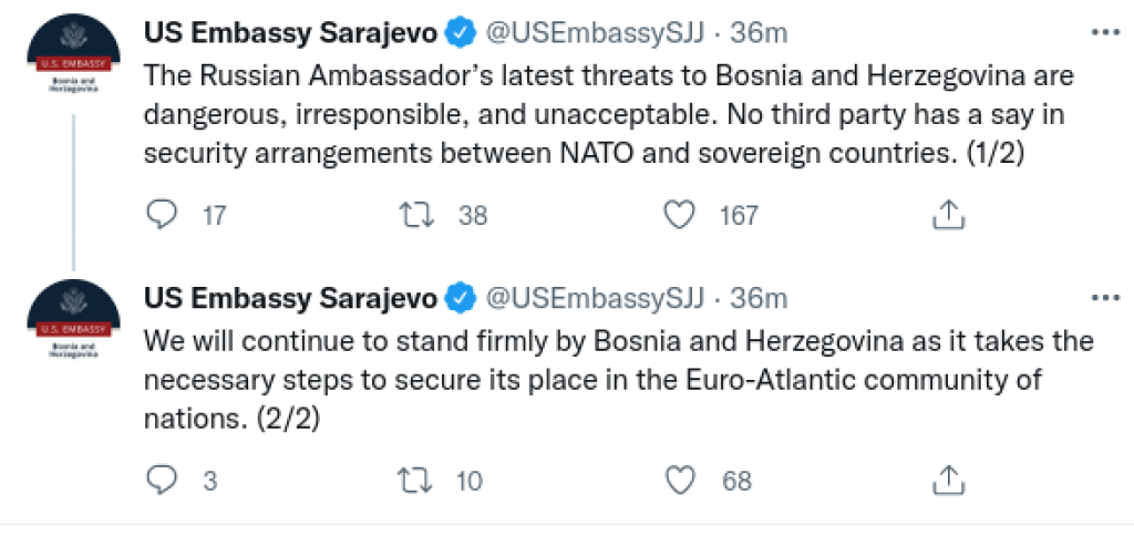 Američka ambasada reagovala na prijetnje ruskog ambasadora