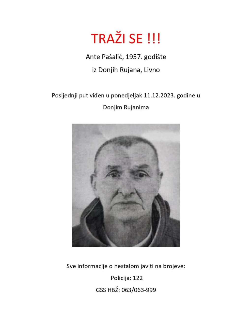 GSS Kantona 10 nastavlja danas za nestalim 66-godišnjakom iz Donjih Rujana