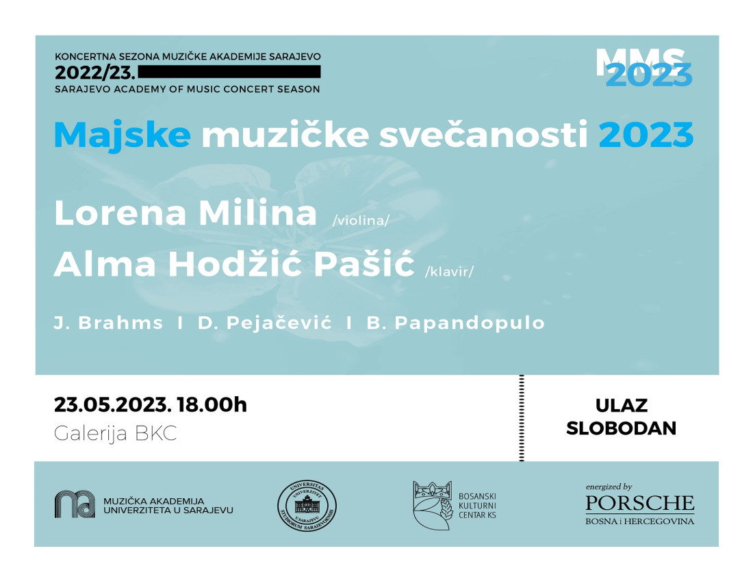 Majske muzičke svečanosti 2023. Sarajevo: Večeras koncert violinistice Lorene Miline i pijanistice Alme Hodžić Pašić