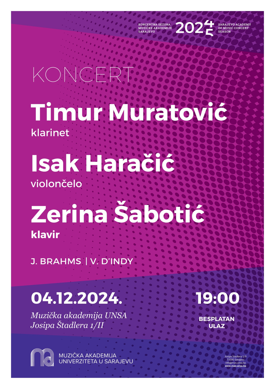 Koncert za klarinet, violončelo i klavir na Muzičkoj akademiji UNSA