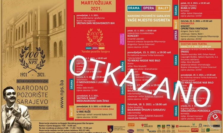 Narodno pozorište Sarajevo otkazuje najavljene predstave
