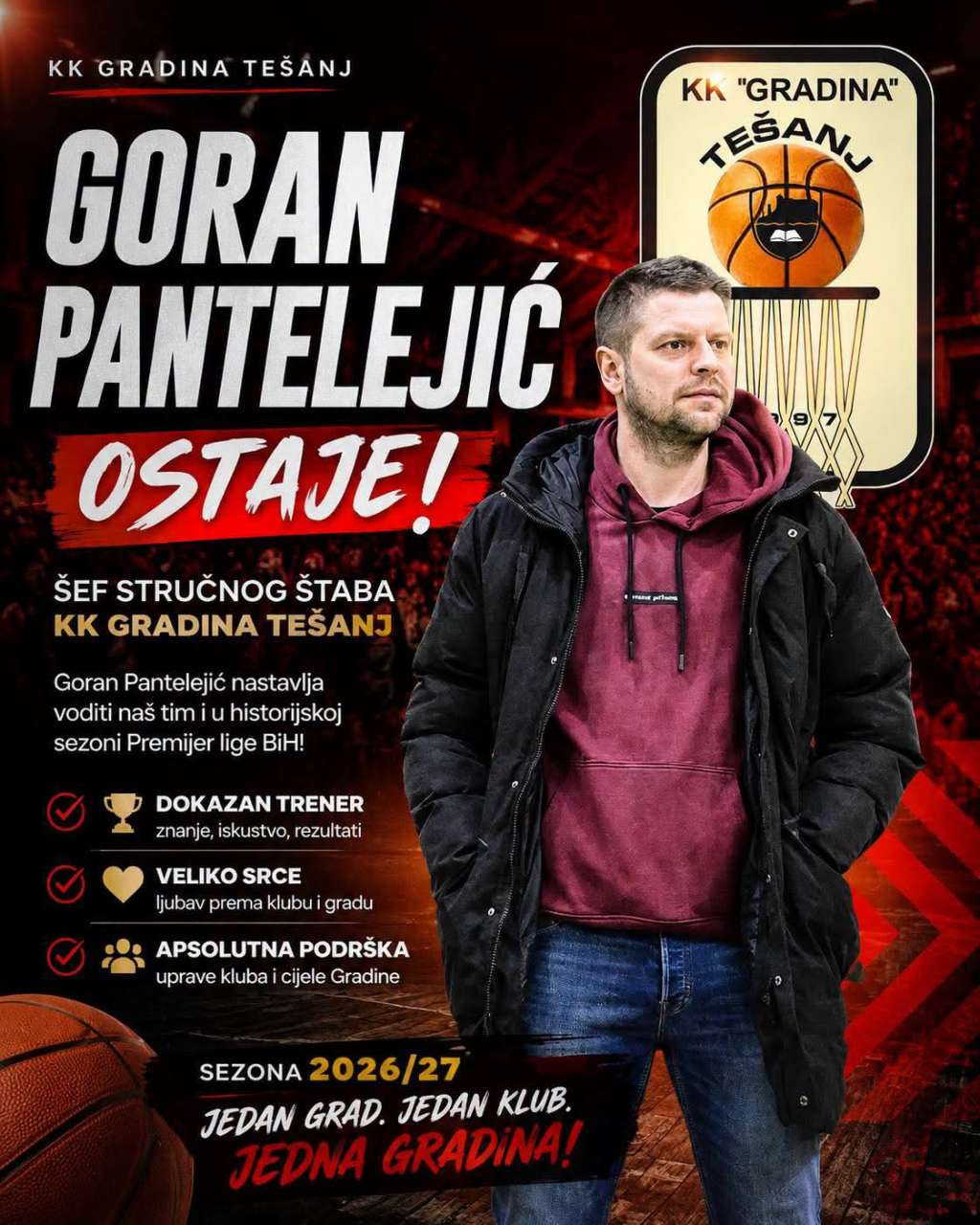 Goran Pantelejić ostaje trener košarkaša Gradine, Aleksandar Radukić prvo pojačanje Tešnjaka