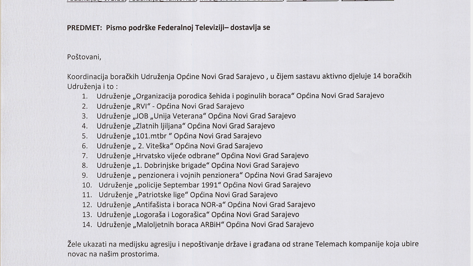 Podrška boračkih udruženja FTV: Telemachova agresija i nepoštivanje države