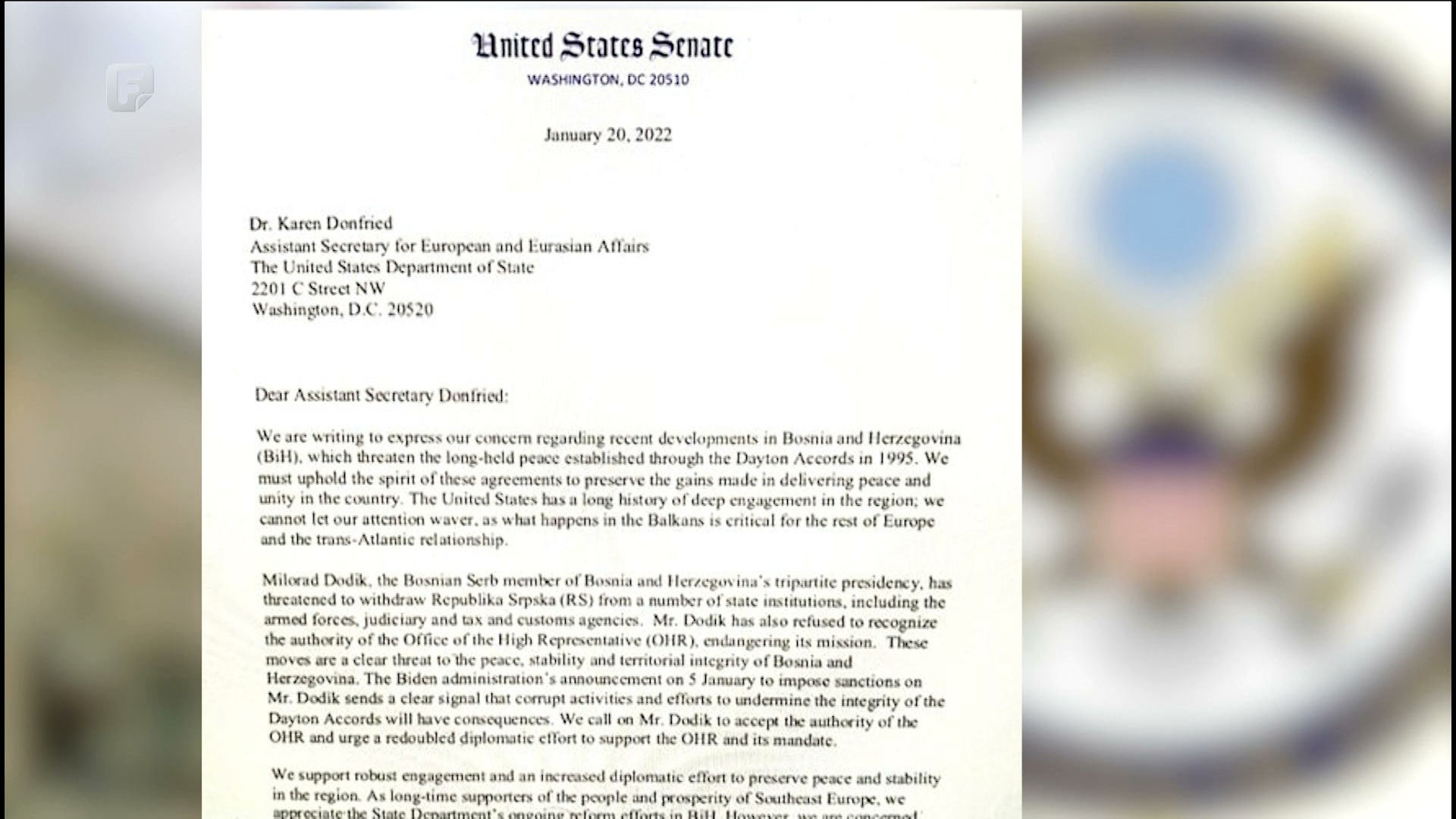 Američki senatori nezadovoljni djelovanjem izaslanika State Departmenta u BiH