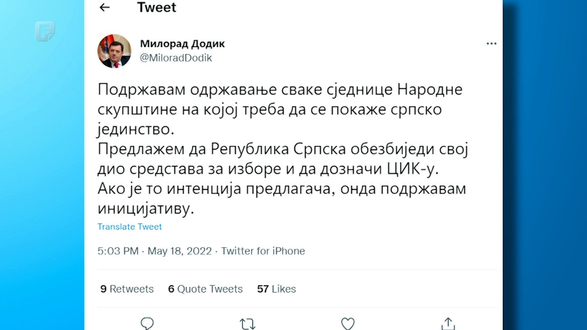 Dodik predlaže da RS obezbijedi dio sredstava za izbore