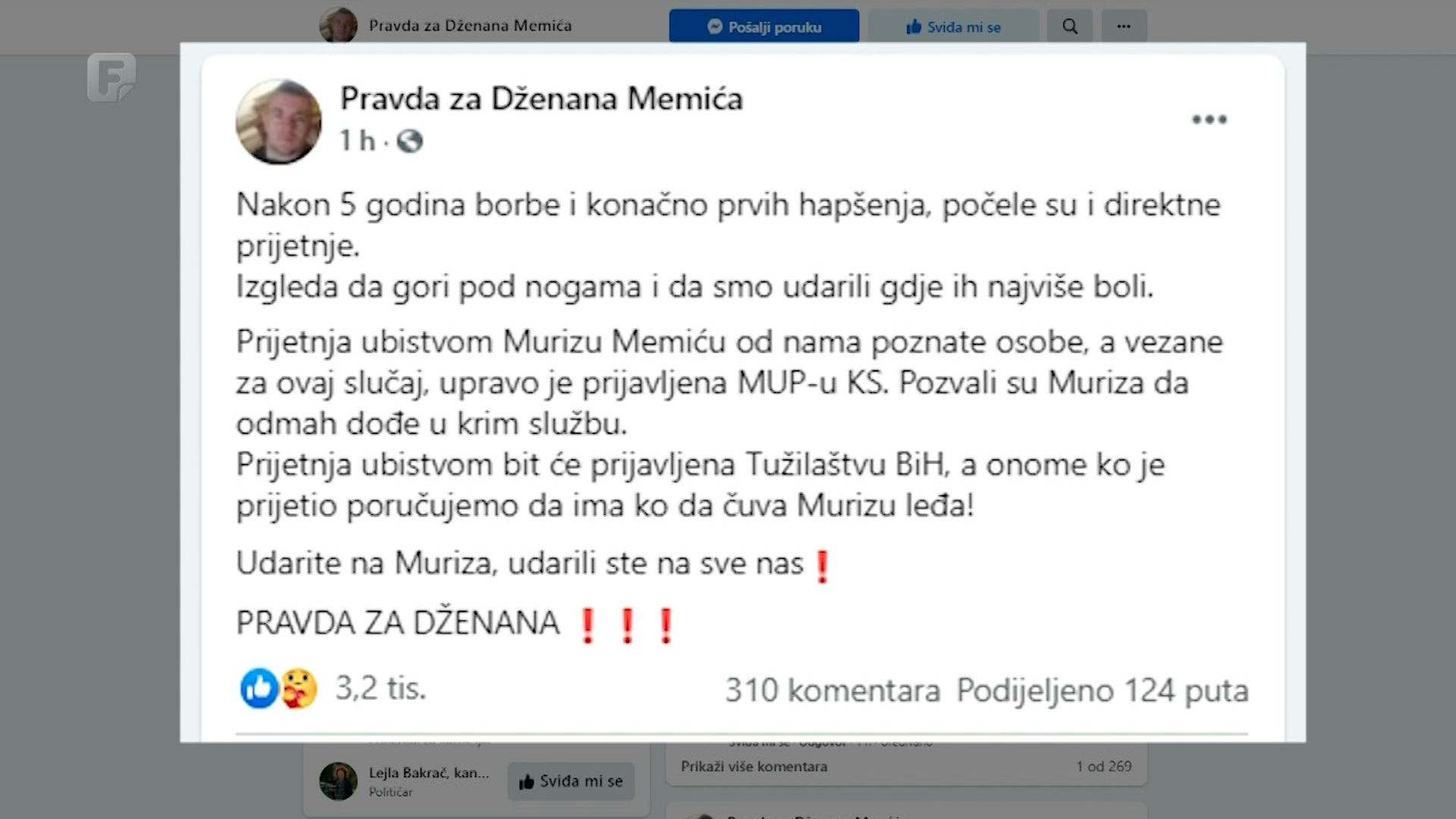 Ocu Dženana Memića prijećeno smrću