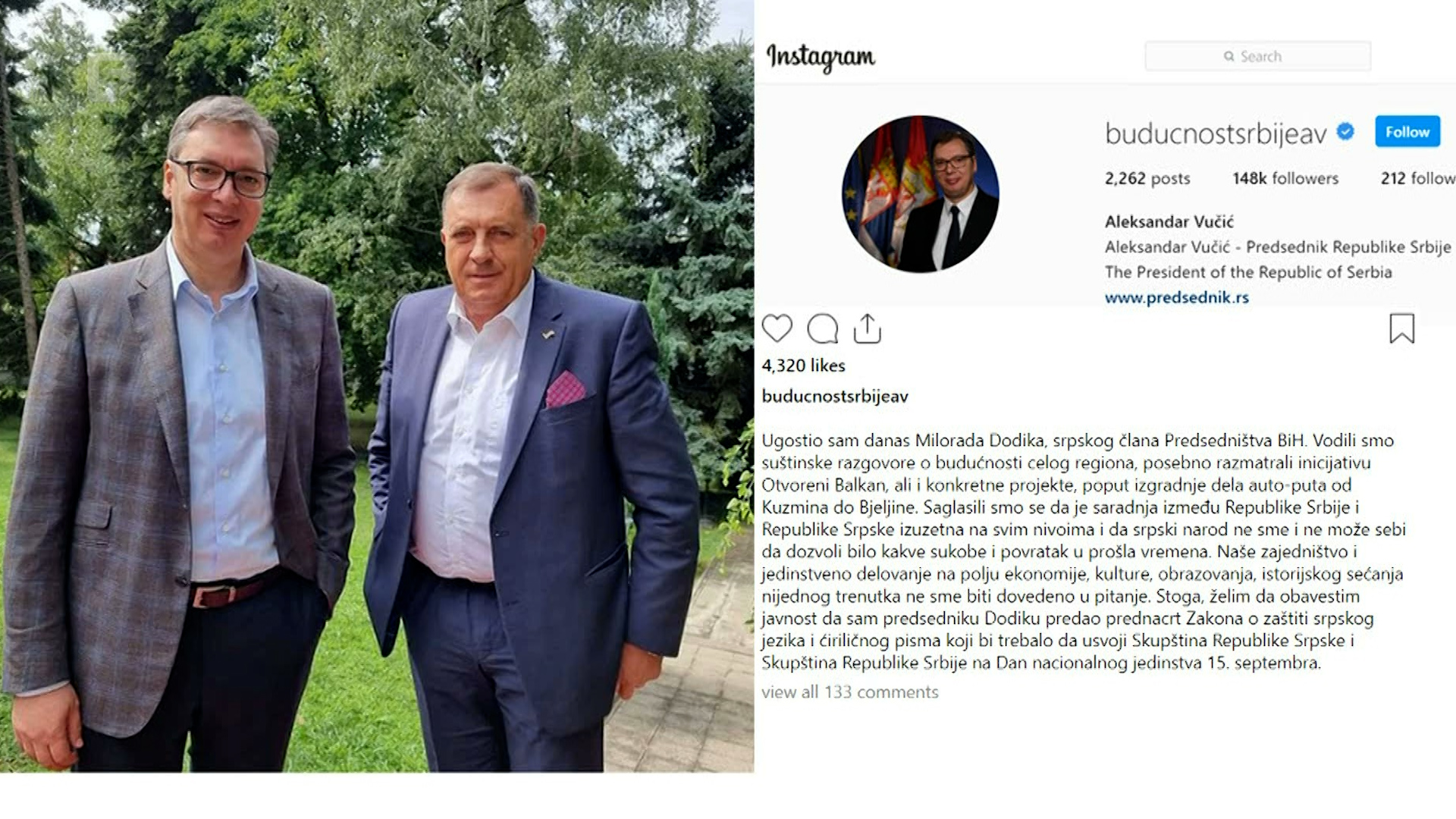 Vučić Dodiku predao prednacrt zakona o zaštiti srpskog jezika i ćirilice