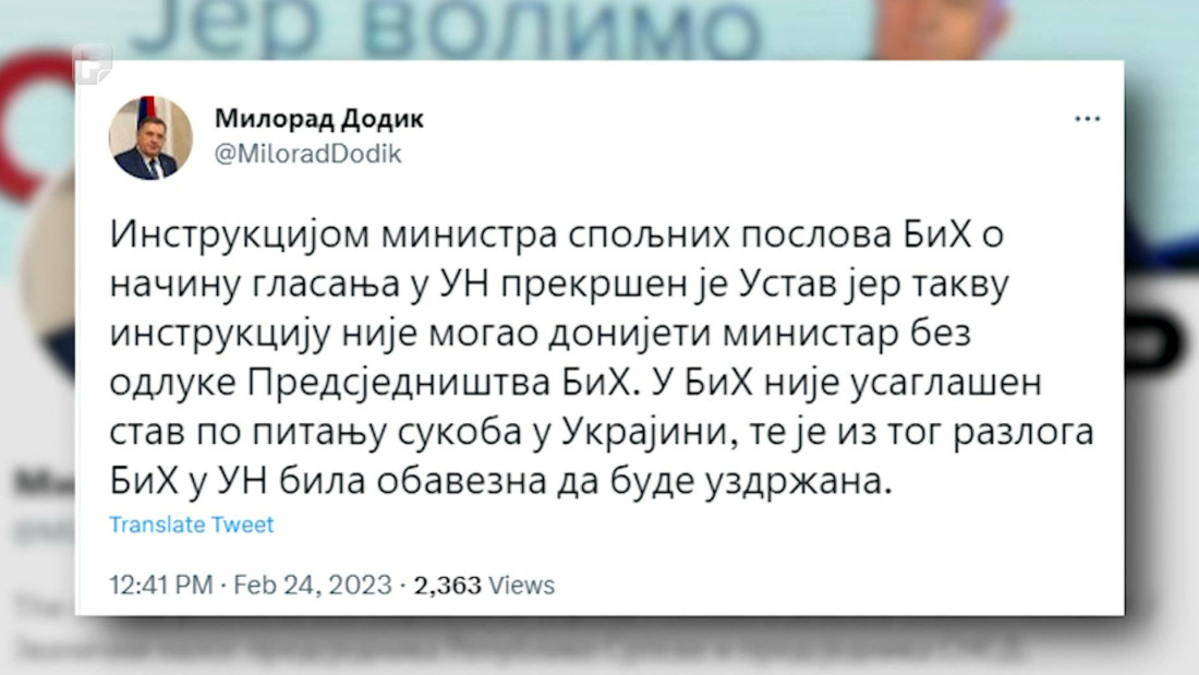 Dodik negodovao zbog načina glasanja BiH u UN-u