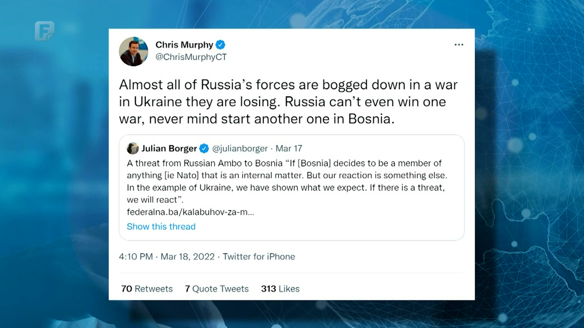 Senator Murphey: Rusija gubi rat u Ukrajini, ne može započeti novi u BiH