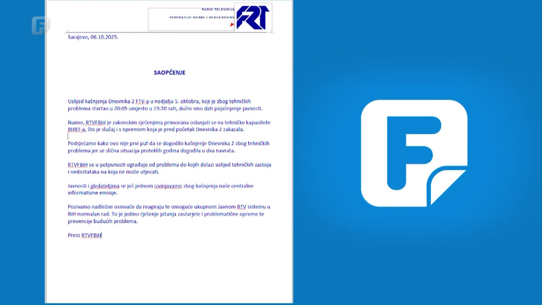 RTVFBiH se izvinjava i ograđuje zbog kašnjenja Dnevnika 2, razlog su tehnički problemi