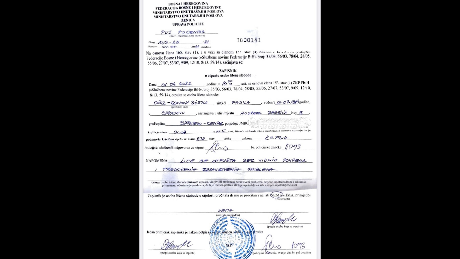 Džejla Glavović Očuz puštena nakon zadržavanja u policiji Zenica