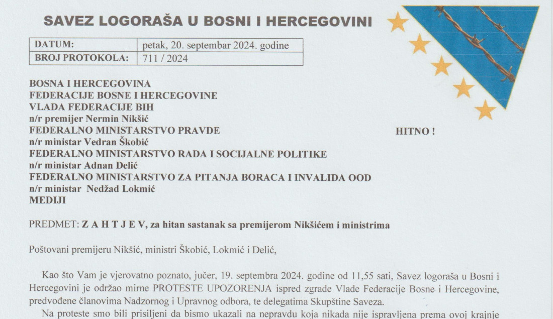 Savez logoraša BiH traži sastanak s premijerom Nikšićem i ministrima