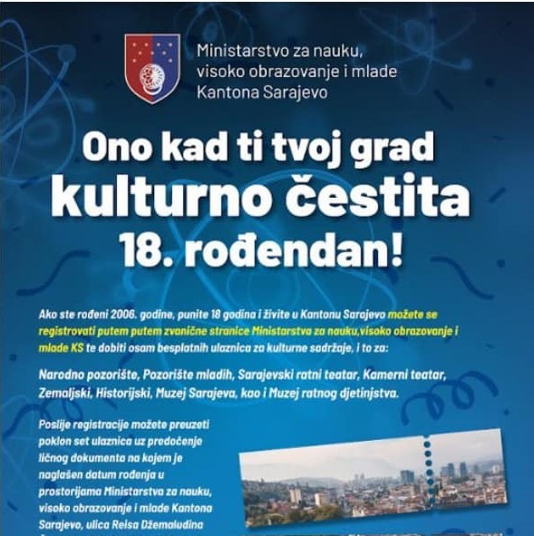 Kanton Sarajevo: "Kulturna čestitka" za mlade koji slave 18. rođendan