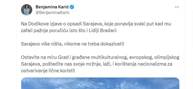 Gradonačelnica Karić reagovala na izjave Dodika: Sarajevo ostavite na miru, poštedite nas svoje mržnje i laži
