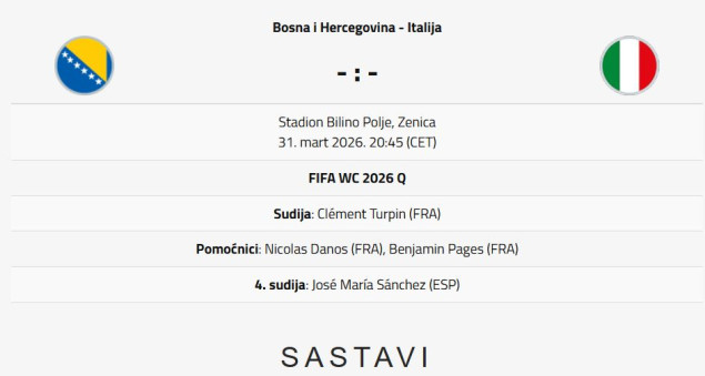 Poznati početni sastavi za utakmicu baraža za SP između BiH i Italije