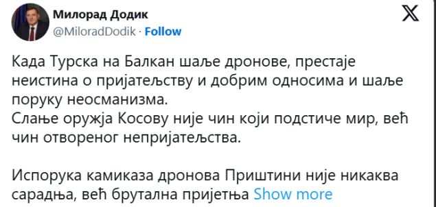 Dodik optužio Erdogana za “neoosmanizam” zbog isporuke dronova Kosovu