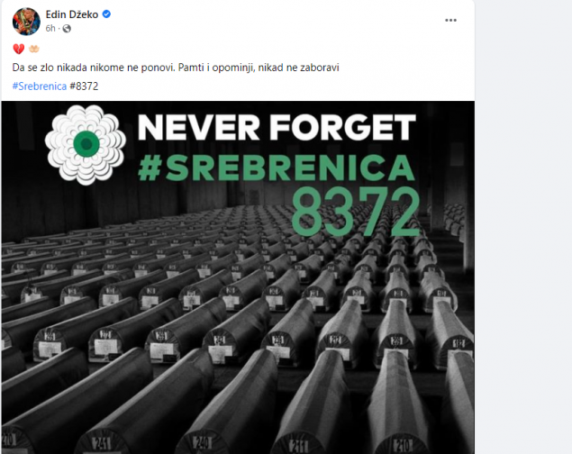 Džeko o genocidu u Srebrenici: Pamti i opominji, nikad ne zaboravi