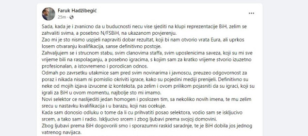 Hadžibegić: Žao mi je što nismo uspjeli napraviti dobar rezultat