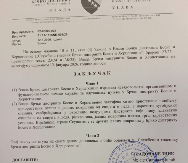 Vlada Brčko distrikta nezadovoljna radom zimske službe, traži hitno čišćenje puteva i javnih površina