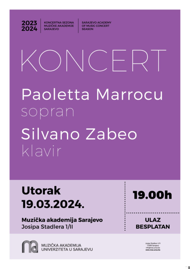 Kada poezija postane muzika: Sopranistica Paoletta Marrocu i pijanista Silvano Zabeo na Muzičkoj akademiji UNSA