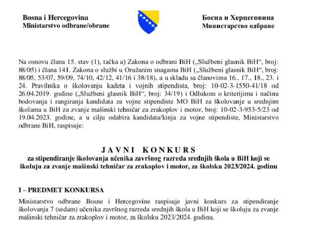 MO BiH - Raspisan javni konkurs za stipendiranje učenika završnog razreda srednjih škola u BiH