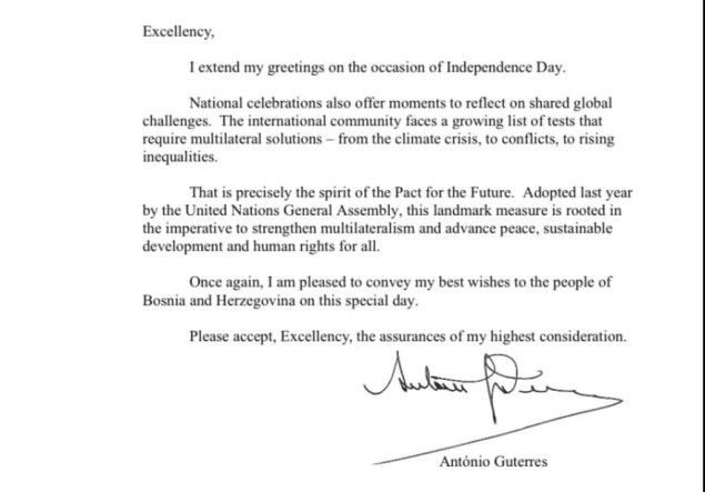 Glavni tajnik UN-a čestitao Dan neovisnosti predsjedateljici Predsjedništva BiH