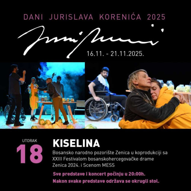 Predstava 'Kiselina' večeras na programu Festivala 'Dani Jurislava Korenića'