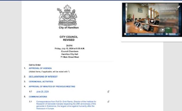 Skupština kanadskog grada Hamiltona odala počast žrtvama genocida u Srebrenici