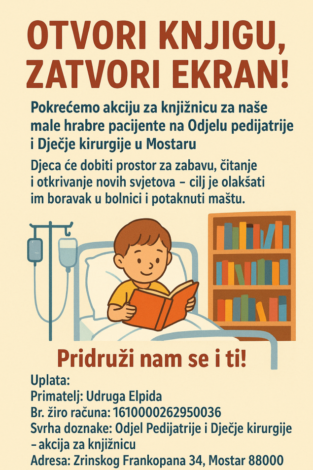 'Otvori knjigu, zatvori ekran' – bolnička knjižnica za male pacijente SKB Mostar
