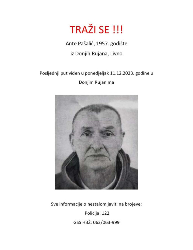 GSS Kantona 10 nastavlja danas za nestalim 66-godišnjakom iz Donjih Rujana