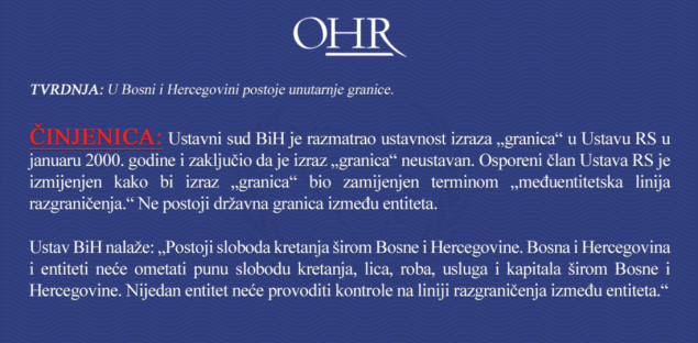 OHR: Ne postoji državna granica između entiteta