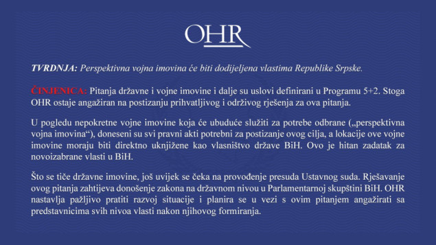 OHR: Lokacije vojne imovine moraju biti uknjižene kao vlasništvo BiH