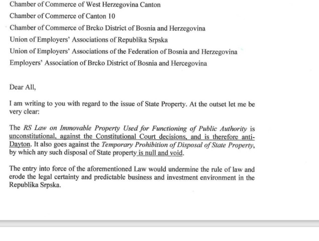 Schmidt upozorio investitore da ne ulažu novac u RS zbog državne imovine